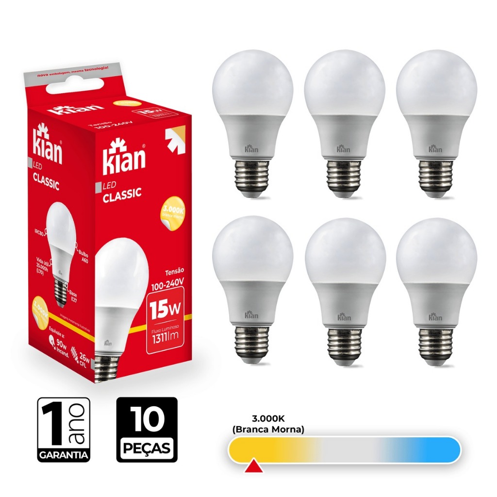 Detalhes do Kit com 10 Unidades Lâmpada Led Bulbo Kian 15w Amarela 3000k Bivolt