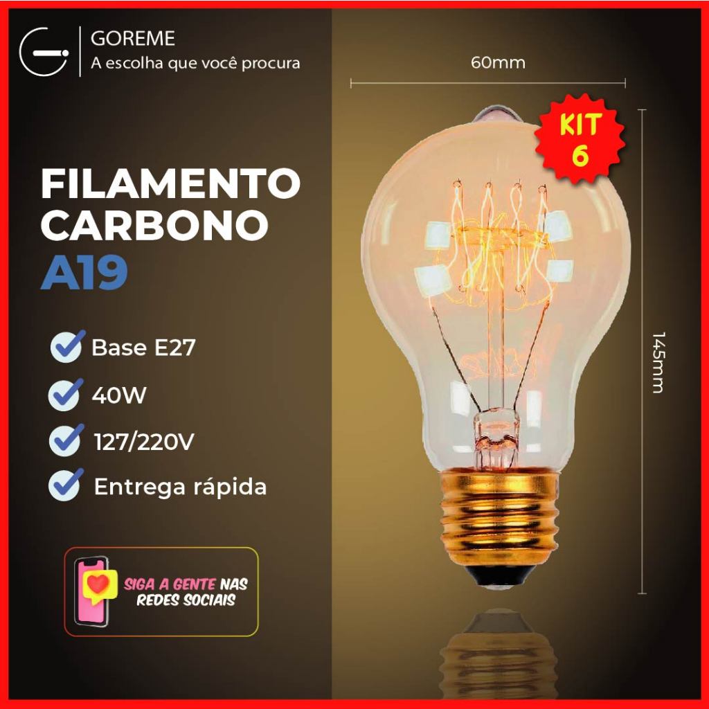 Kit 6 Lâmpada Filamento Carbono A19 40W E27 LUZ QUENTE (AMARELO) Âmbar 110V~220V em Oferta na Shopee