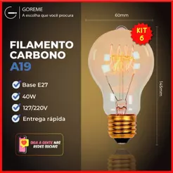 Kit 6 Lâmpada Filamento Carbono A19 40W E27 LUZ QUENTE (AMARELO) Âmbar 110V~220V