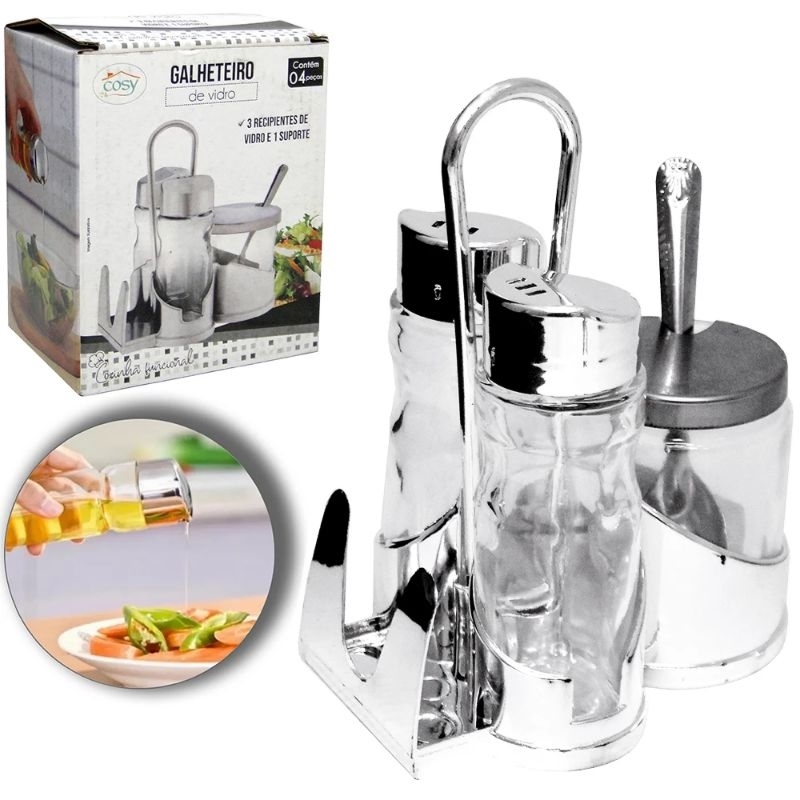 Galheteiro De Vidro Com 3 Peças + Suporte de plàstico
