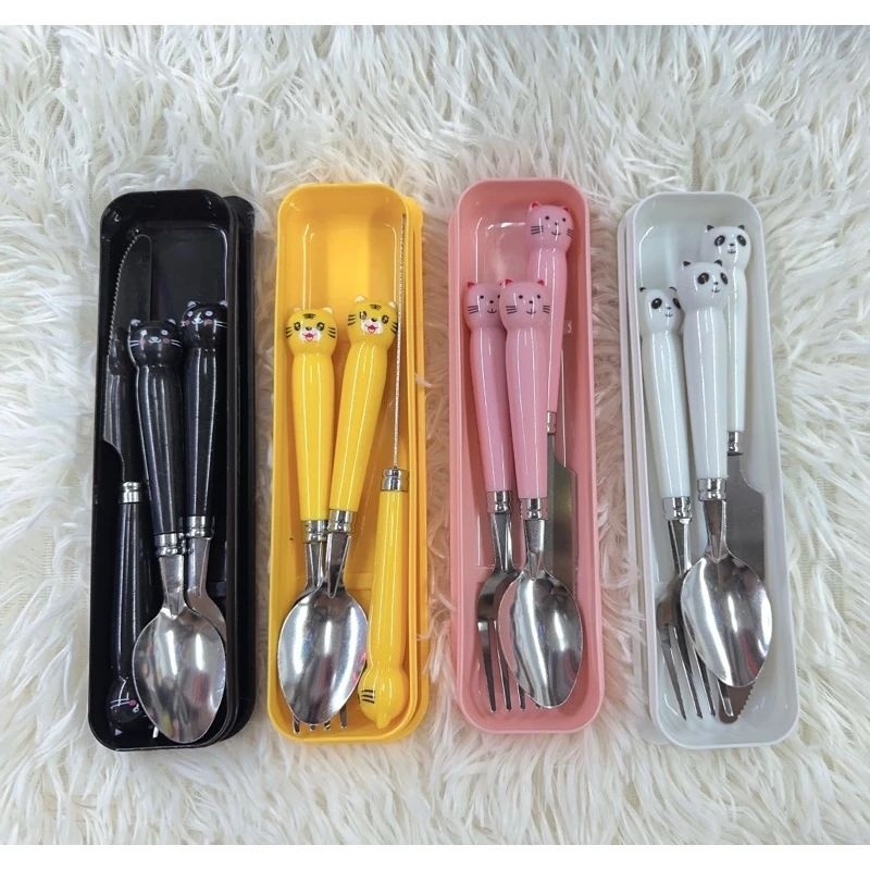 Conjunto Talher Com Garfo Faca Colher De Inox Cabo Plástico 3 Peças No Estojo gato