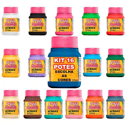 Kit 16 Tintas Pva Fosca P/ Artesanato Pote com 37ml Acrilex para Pintar madeira, gesso, MDF, cerâmica, cortiça, isopor, papel, palha e PET