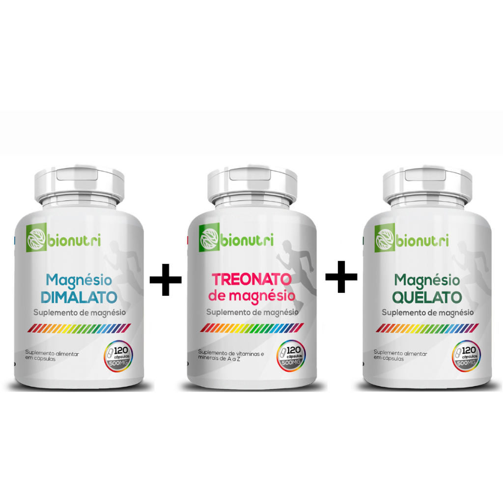 Kit Magnesio Dimalato + Treonato De Magnesio + Magnesio Quelato 500mg 120 Capsulas - Bionutri