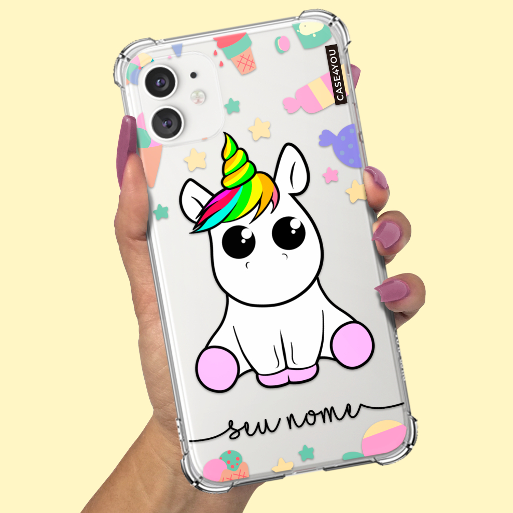Capa Capinha de celular Personalizada Anti-impacto com nome Unicórnio Colorido 3