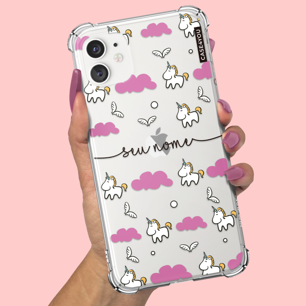 Capa Capinha de celular Personalizada Anti-impacto com nome Unicórnios Pink
