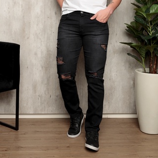 Calça Masculina Jeans Skinny Justa Na Perna C/ Lycra Premium preto rasgar em Oferta na Shopee