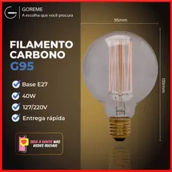 Lâmpada Filamento Carbono G95 40W E27 LUZ QUENTE (AMARELO) Âmbar 110V~220V
