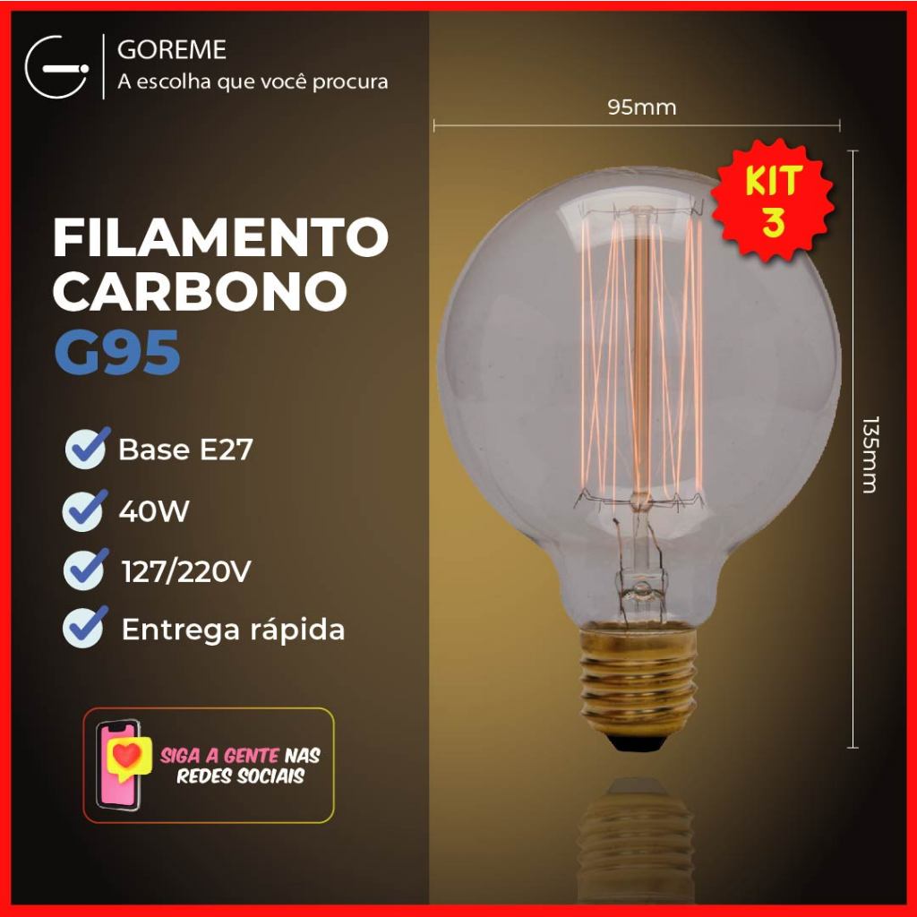 Kit 6 Lâmpada Filamento Carbono G95 40W E27 LUZ QUENTE (AMARELO) Âmbar 110V~220V em Oferta na Shopee