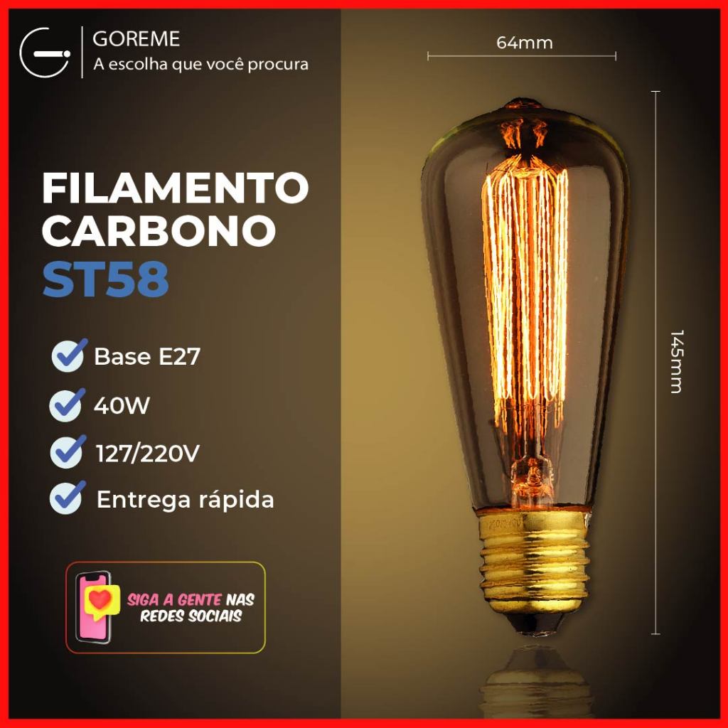 Lâmpada Filamento Carbono ST58 40W E27 LUZ QUENTE (AMARELO) Âmbar 110V~220V em Oferta na Shopee