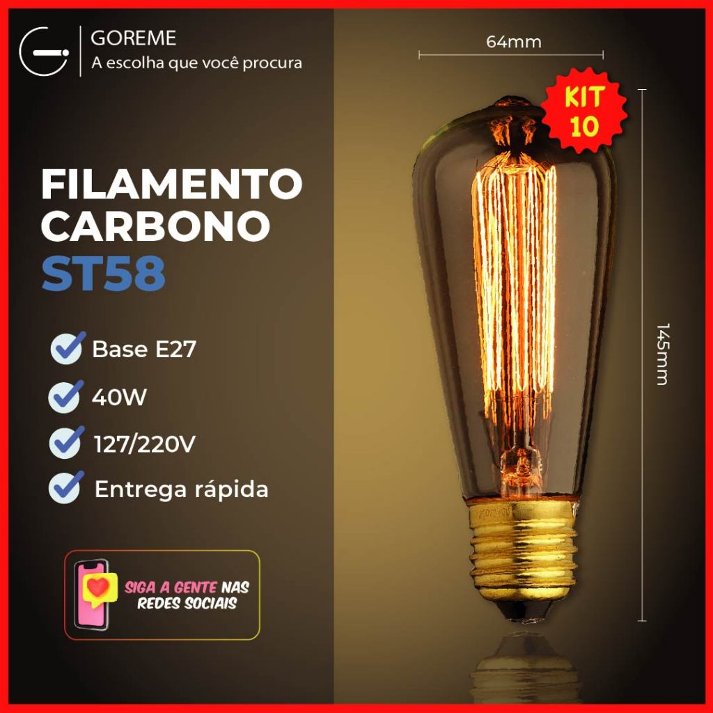 Kit 10 Lâmpada Filamento Carbono ST58 40W E27 LUZ QUENTE (AMARELO) Âmbar 110V~220V - Home & Living