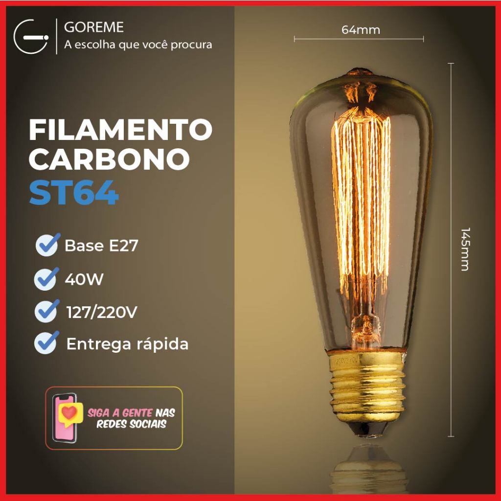 Lâmpada Filamento Carbono ST64 40W E27 LUZ QUENTE (AMARELO) Âmbar 110V~220V em Oferta na Shopee