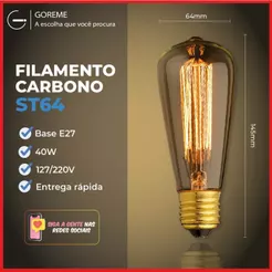 Lâmpada Filamento Carbono ST64 40W E27 LUZ QUENTE (AMARELO) Âmbar 110V~220V