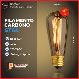 Kit 3 Lâmpada Filamento Carbono ST64 40W E27 LUZ QUENTE (AMARELO) Âmbar 110V~220V em Oferta na Shopee