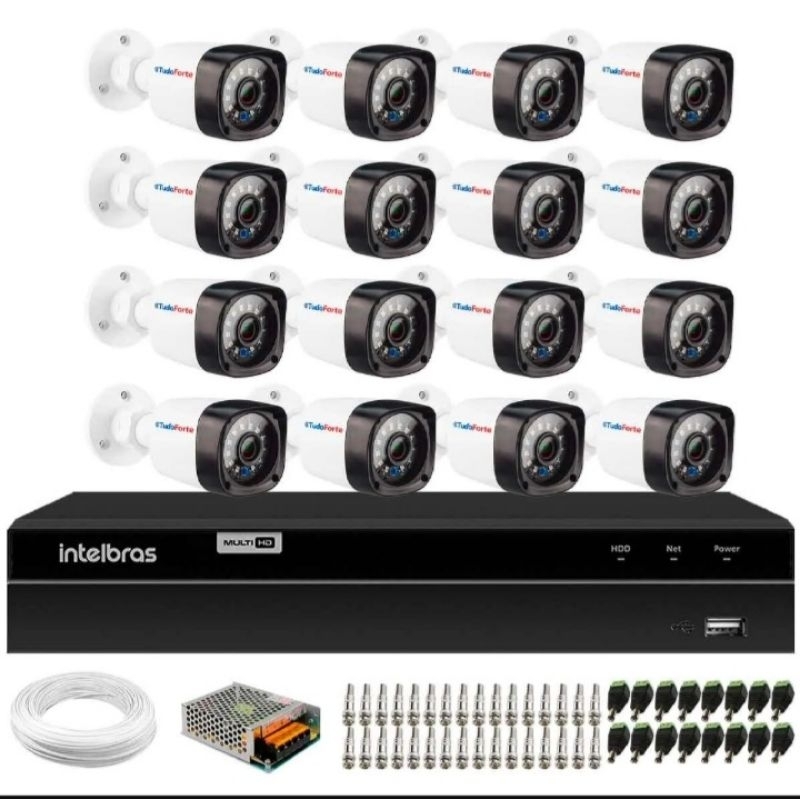 Kit 16 Câmeras Tudo Forte Bullet Full HD 1080p, Lente 3.6mm, Visão Noturna 20M, IP66 + DVR Intelbras MHDX 1216 Full HD 16 Canais Multi HD