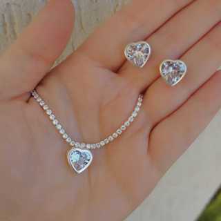 Kit Riviera Choker e Brinco Zircônia Coração em Prata 925