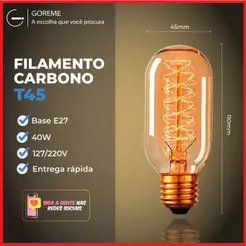 Lâmpada Filamento Carbono T45 40W E27 LUZ QUENTE (AMARELO) Âmbar 110V~220V