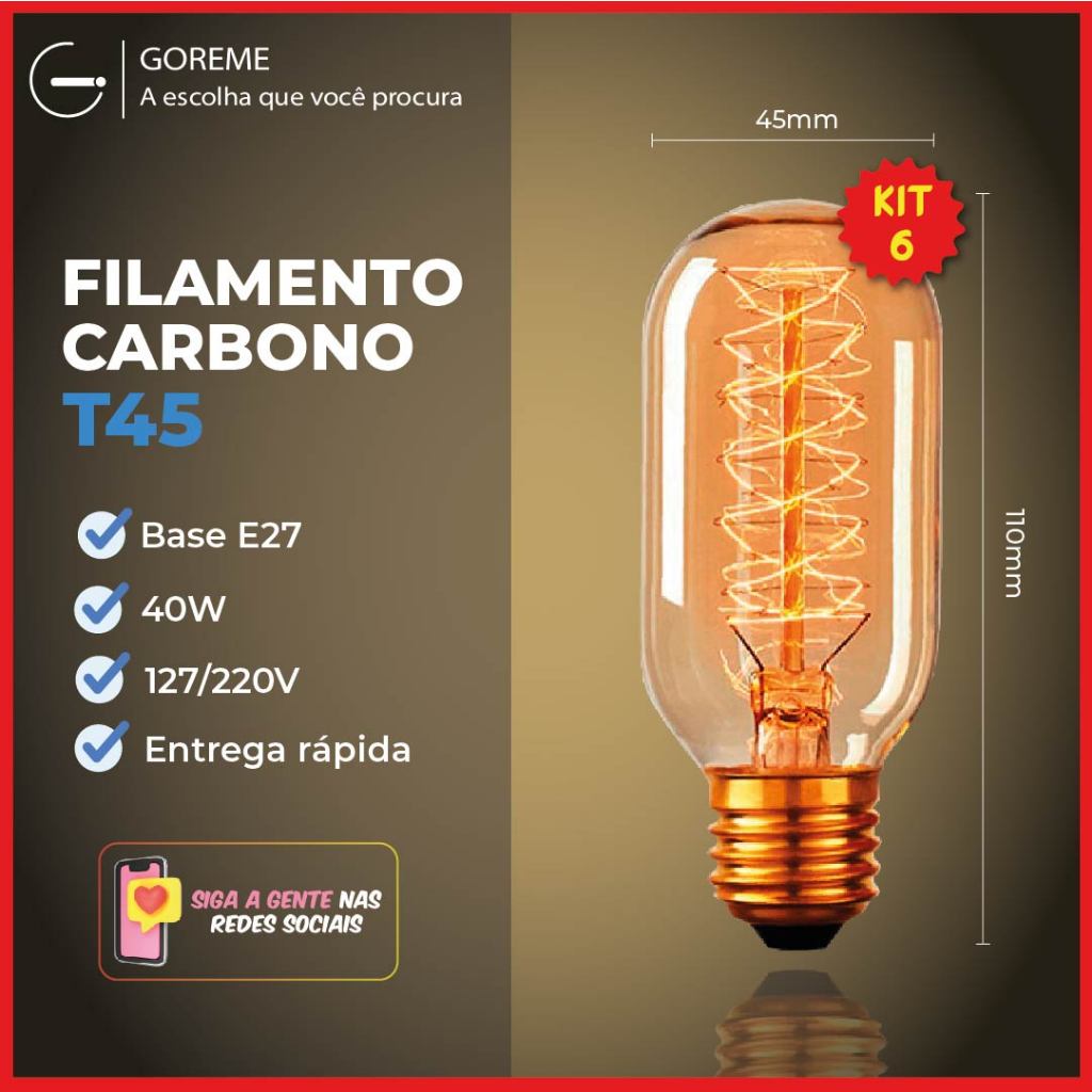 Kit 6 Lâmpada Filamento Carbono T45 40W E27 LUZ QUENTE (AMARELO) Âmbar 110V~220V