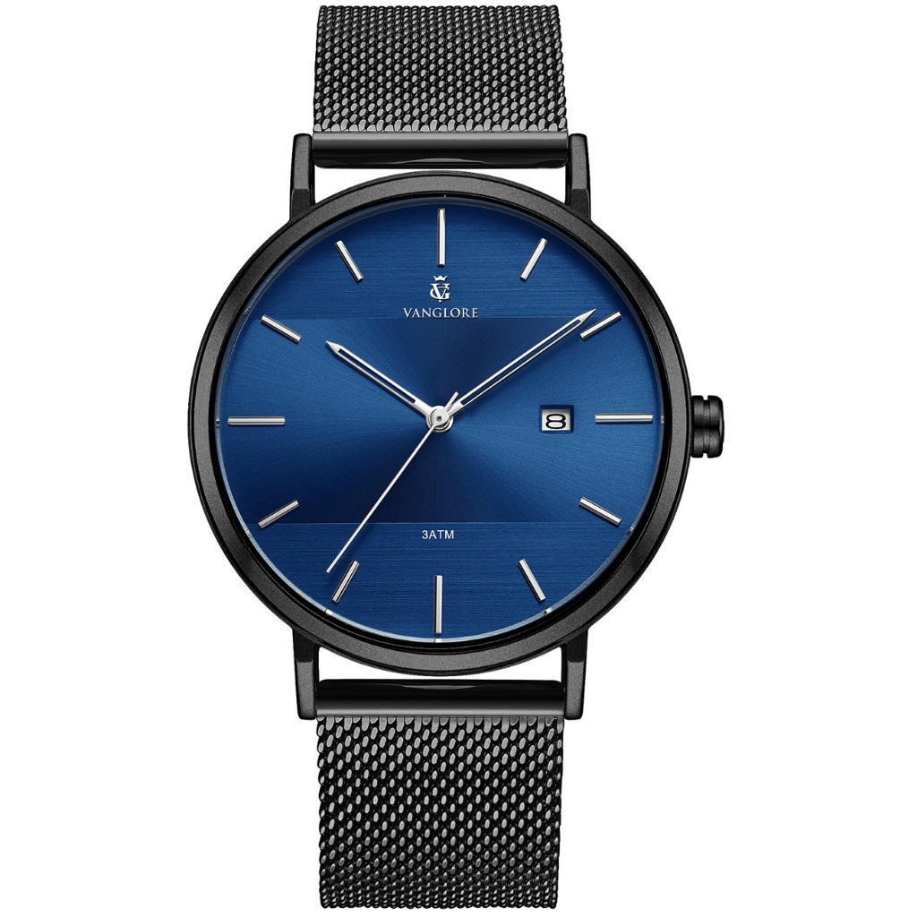 Relógio Masculino Minimalista De Pulso Preto Fosco Visor Azul Vanglore 3288a 40 mm Selecty