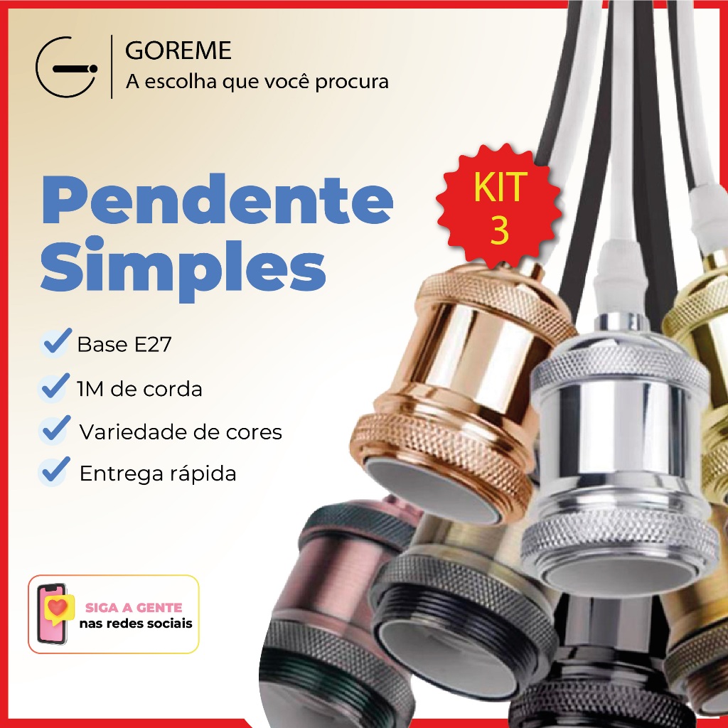 Kit 3 Pendente Antigo Vintage Rustico Decorativo E27 A1 VERDE | PRETO | VERMELHO | DOURADO | PRATA - Home & Living