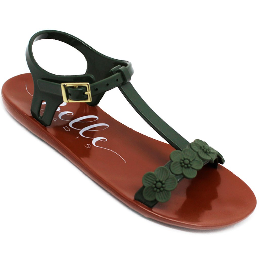 Sandália Rasteirinha Infantil Plugt Menina Confortável Leve Flores Verde Militar Caramelo