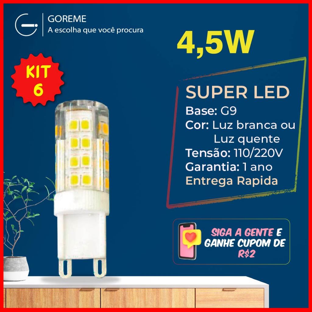 Kit 6 Lâmpadas LED 5W G9 Halopin 110V/220V, Branco Quente 3000K (Amarelo) Branco Frio 6500K (Branco) luz bipino em Oferta na Shopee