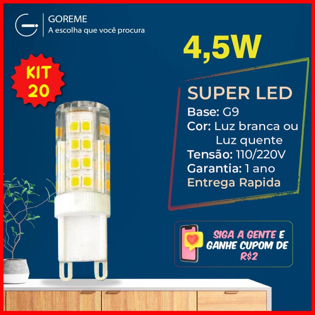 Kit 20 Lâmpadas LED 4,5W G9 Halopin 110V/220V, Branco Quente 3000K (Amarelo) e Branco Frio 6500K (Branco) em Oferta na Shopee