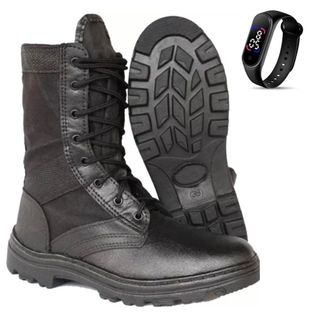 Bota Coturno Masculina Militar Tatica de Couro Legitimo Costurado Reforçado Com Zíper Regulável + Relogio