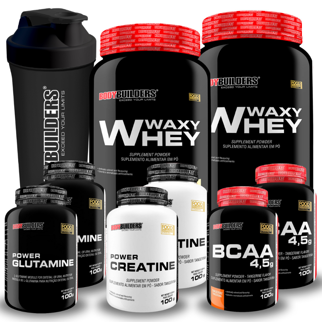 Kit 2x Waxy Whey Protein 900g + 2x Bcaa + 2x Creatina 100g + 2x Glutamina 100g + Coqueteleira - Kit de Suplemento para Definição e Performance