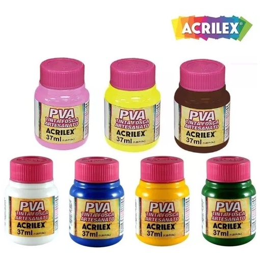 Kit com 7 Tintas Pva Fosca P/ Artesanato Pote de 37ml Acrilex para usar em madeira, gesso, MDF, cerâmica, isopor e papel