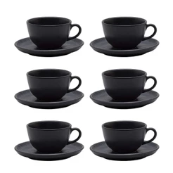 Jogo 6 Xícaras Chá Café Com Pires Flat Ônix Oxford Preto Fosco