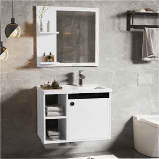CONJUNTO GABINETE COM ESPELHEIRA E CUBA PARA BANHEIRO 60CM ADONIS BRANCO COM PRETO em Oferta na Shopee