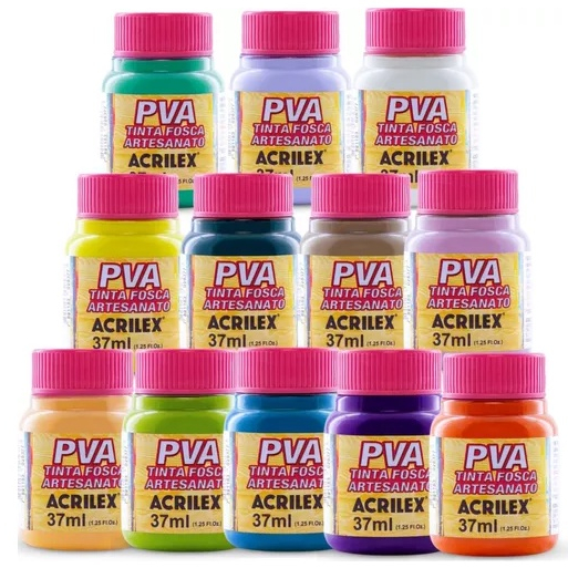 Kit com 12 Tintas Pva Fosca P/ Artesanato Pote com 37ml Acrilex para Pintar em madeira, gesso, MDF, cerâmica, cortiça, isopor, papel, palha e PET