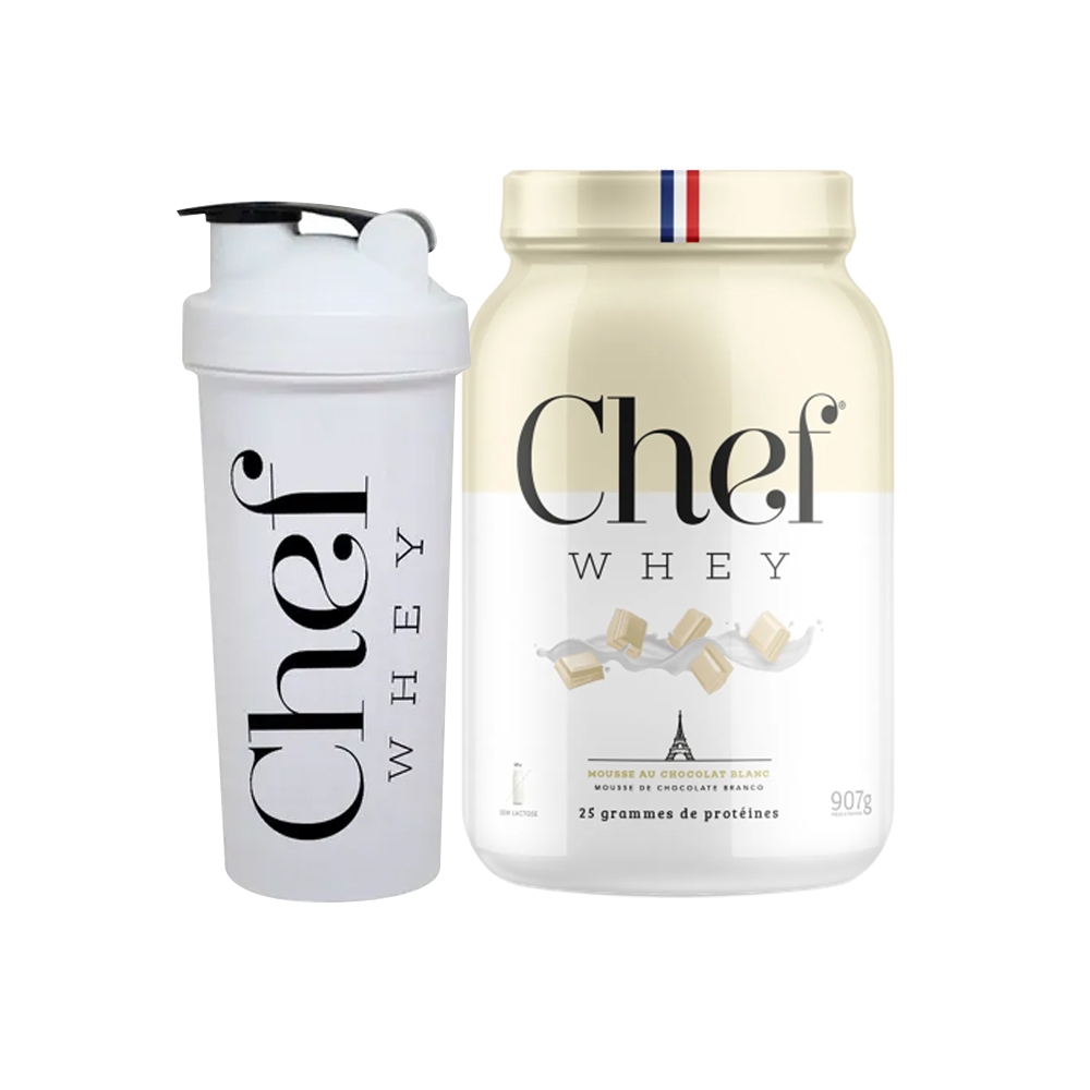 Kit Chef Whey Protein Gourmet Zero Lactose 907g + Coqueteleira 700ml Preto e Branco - Chef Whey