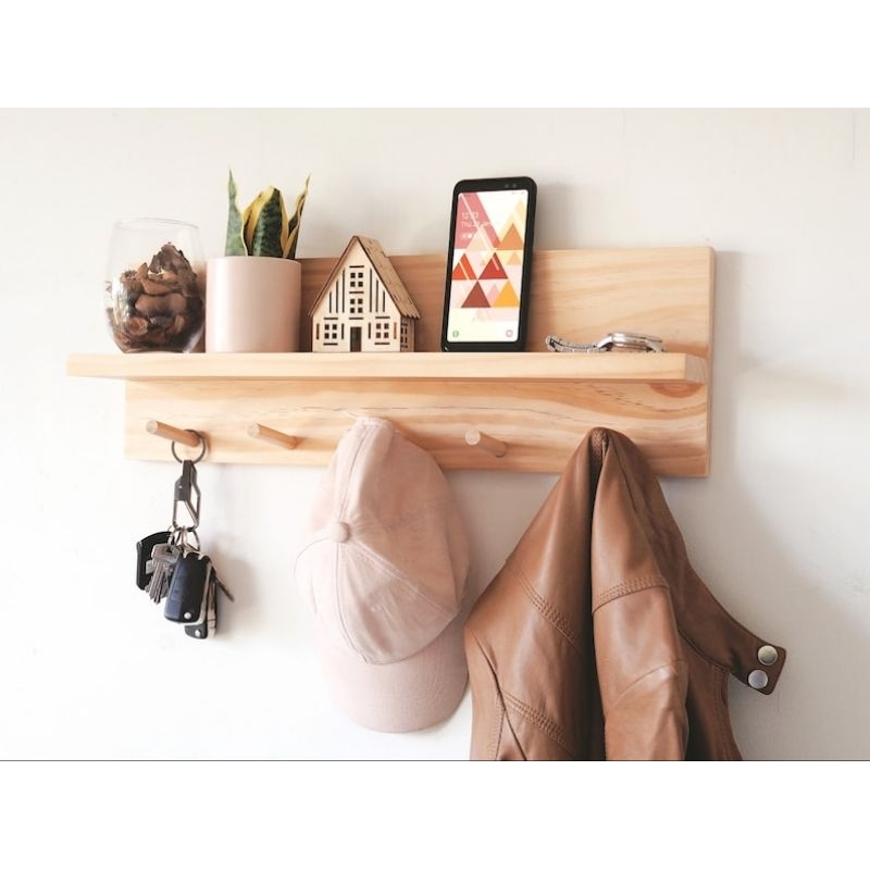 Cabideiro de Parede com Prateleira, Organizador madeira maciça.