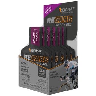 Recarb Energy Gel Reidrat - Display 10 Sachês de 30g Cada - Gel de Carboidrato Sem Cafeína (Pedal/Endurance/Bike)