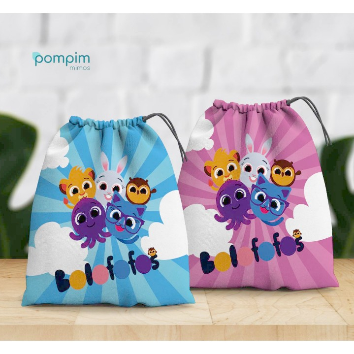 Kit Lembrancinha Sacolinha Surpresa Bolofofos de tecido personalizado, para festas e aniversários.