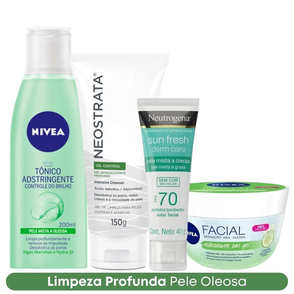 Kit Completo Pele Oleosa Tônico Adstringente Nivea + Sabonete Neostrata 150g + Protetor Solar Sem Cor FPS 70 + Hidratante Pepino