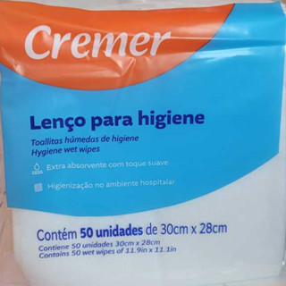 Lenço Higiene Multiuso p/ Banho WIPES 28x30cm C/50un Cremer