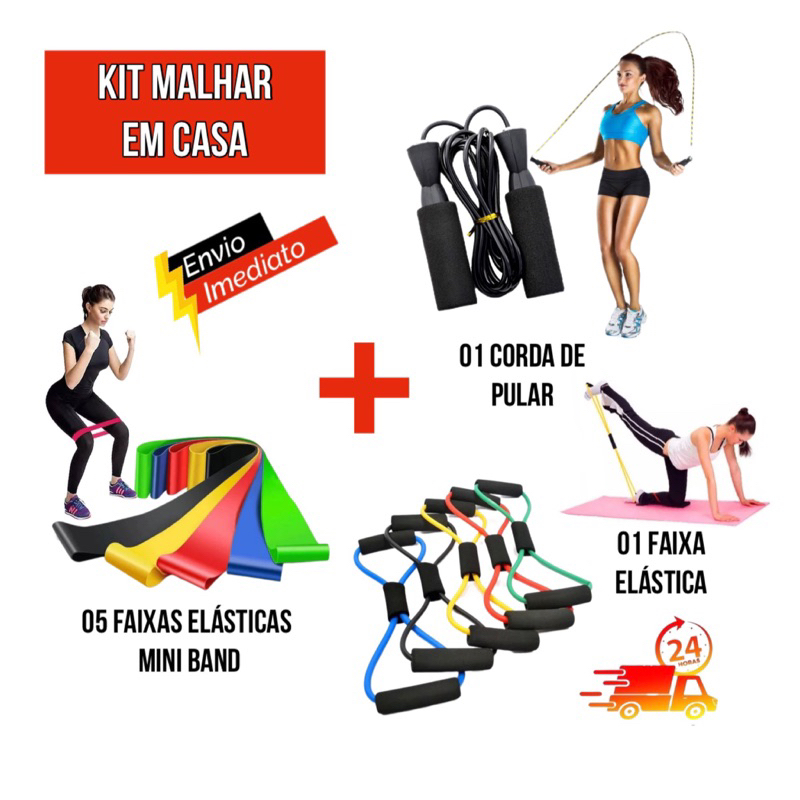 Kit Malhar em Casa 5 Mini Band + 1 Corda de Pular Profissional + 1 Elástico Extensor