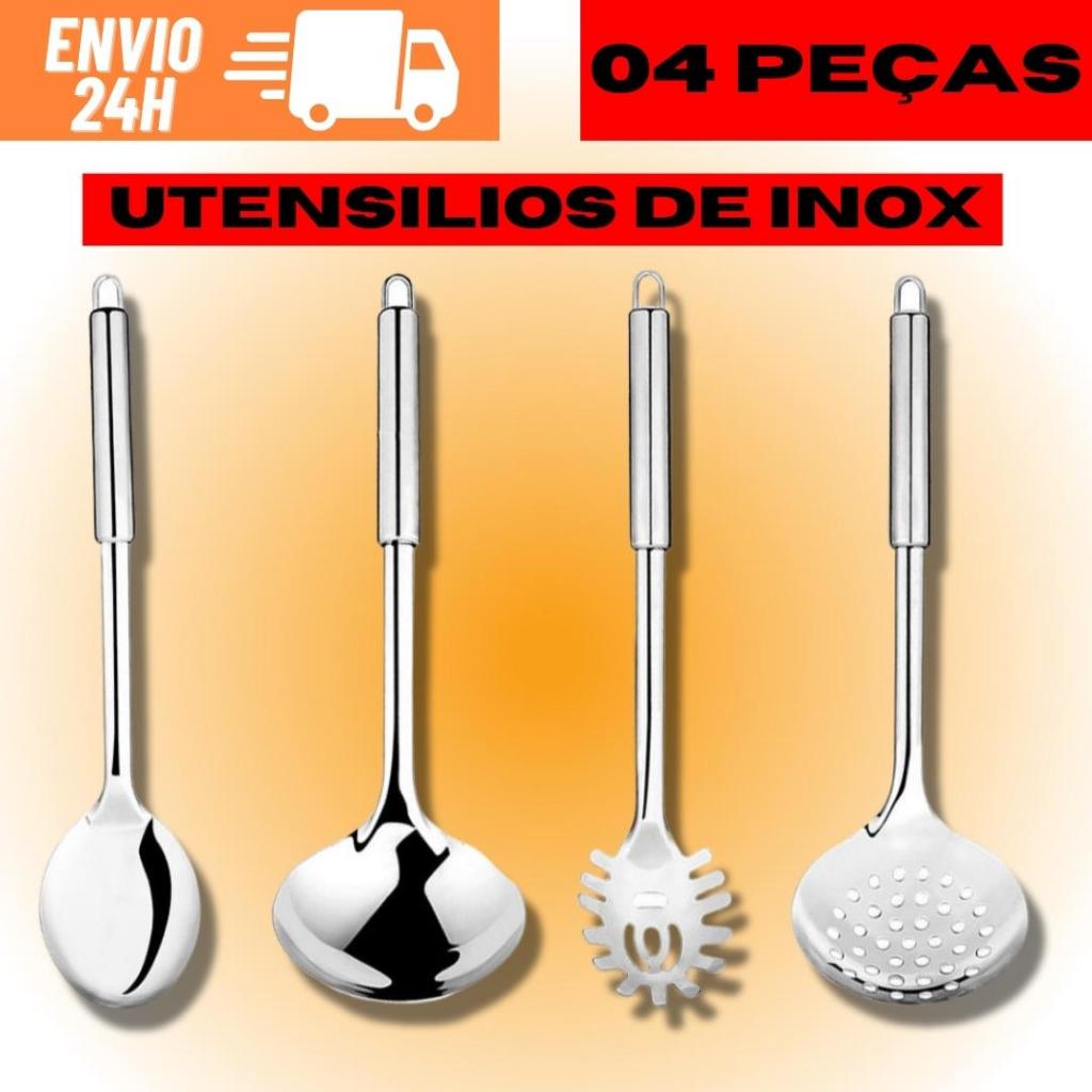 Kit 4 Utensílios De Cozinha 100% Inox Escumadeira Colher De Servir Concha Pegador De Macarrão Jogo De Kit Utensílios de Cozinha 4 Peças 100% Aço Inox