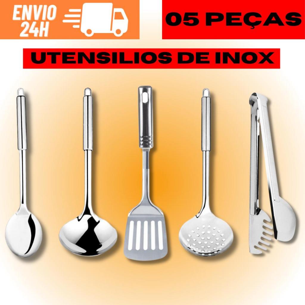 Kit 5 Utensílios De Cozinha 100% Inox Escumadeira Colher De Servir Concha Espátula Pegador De Macarrão Jogo De Kit Utensílios de Cozinha 5 Peças 100% Aço Inox