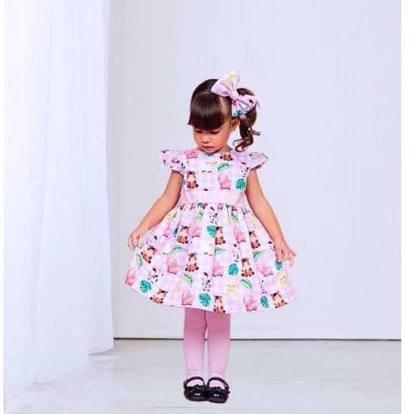 Vestido Infantil Estampa Fazendinha *Acompanha Laço p/ cabelo