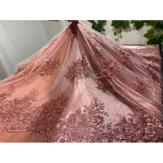 renda tule bordado em flores arabescas rose 0.50x1.35(meio metro)