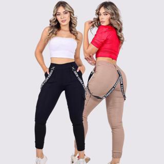 Calça Jogger Cargo em Bengaline Feminina com Suspensório Removível e Bolsos Laterais