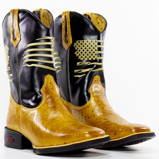 Bota Texana Masculina Country Couro Legitimo Cano Longo Bordado Bico Quadrado