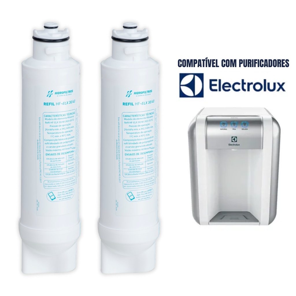 Kit 2 Refil Vela Filtro Purificador Compatível Electrolux PE11X, PE11B, PA21G, PA26G, PA31G, PC41B, PC41X, PH41B, PH41X, Pappca40