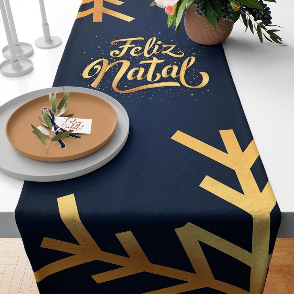 Caminho de Mesa Trilho Passadeira Retangular 4 ou 6 Lugares 1,35x0,40 Decorativa - FELIZ NATAL MARINHO E DOURADO