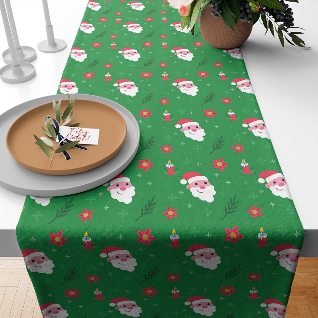 Caminho de Mesa Trilho Passadeira Retangular 4 ou 6 Lugares 1,35x0,40 Decorativa - PATTERN VERDE NATAL FELIZ