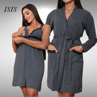 Kit Robe Roupão Com Camisola Amamentação Gestante Pós Parto Conjunto Maternidade