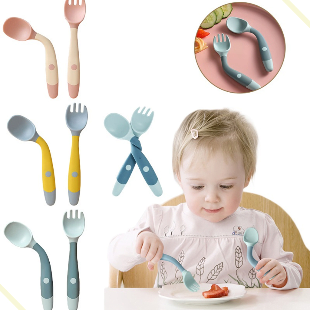 Kit Alimentação Bebê Silicone Colher Garfo Resistente para Bebe Cabo Flexível Treinamento Infantil introdução alimentar